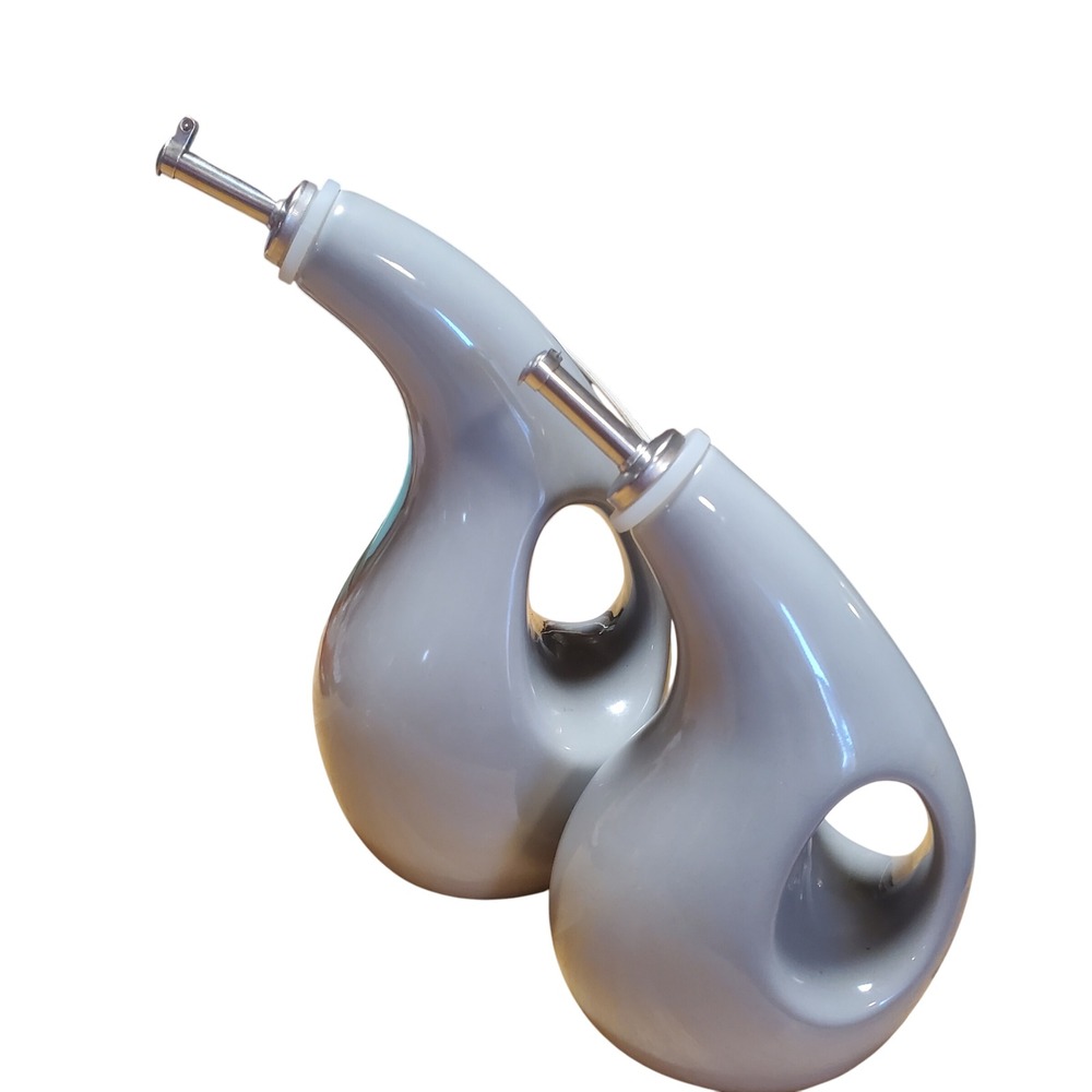 Rachael Ray Set of 2 Ceramic Gray Teardrop‎ Oil Vinegar Cruets Dispensers